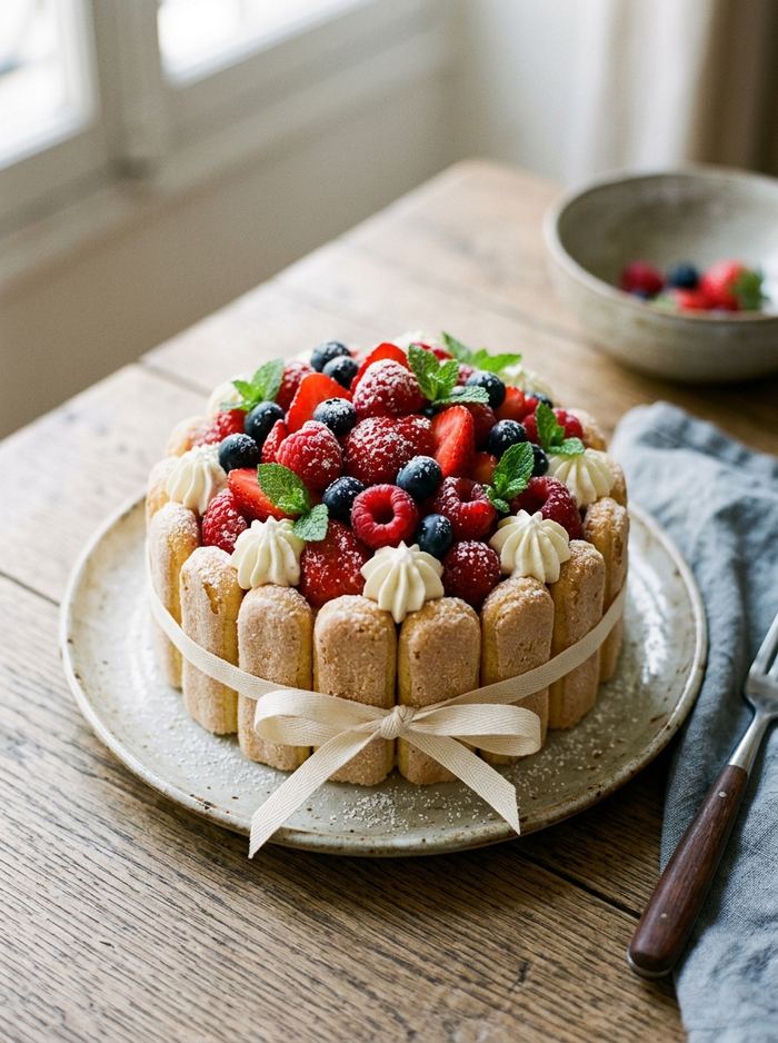 Charlotte revisitée aux fruits rouges et chantilly traditionnelle à la vanille