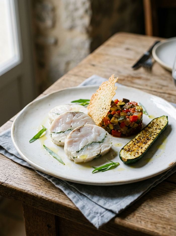 Ballotine de daurade royale à la vapeur d’estragon, courgette rôtie et mini ratatouille, tuile de parmesan