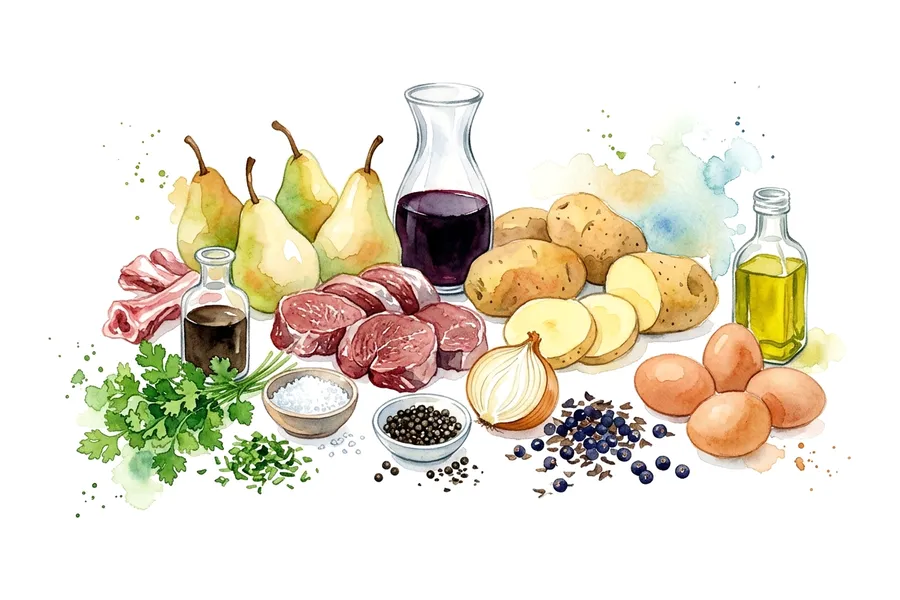 Les ingrédients de Noisettes de chevreuil rôties aux baies de genièvre, mini poire pochée et palets de pommes de terre, à l'aquarelle