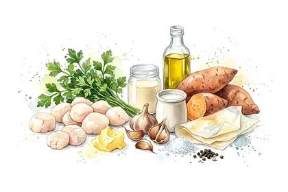 Noix de Saint-Jacques rôties au persil plat, émulsion d'ail fumé, tonnelet croustillant de patate douce
