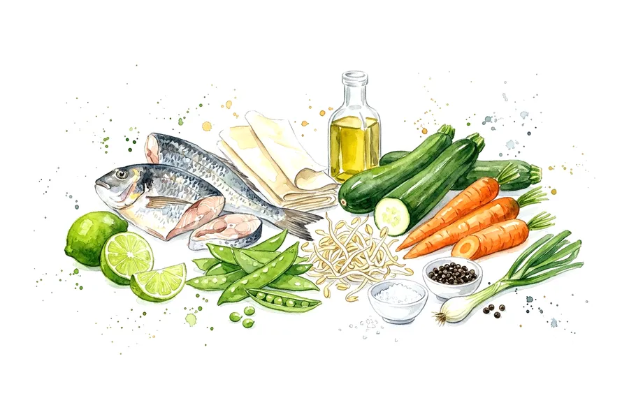 Les ingrédients de Filet de daurade royale en vapeur de citron et rouleau croustillant de petits légumes, à l'aquarelle