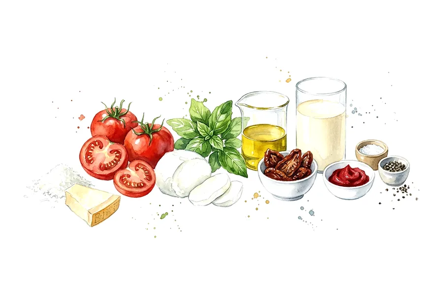 Les ingrédients de Tomates-Mozza version espuma, croustillant au parmesan, à l'aquarelle