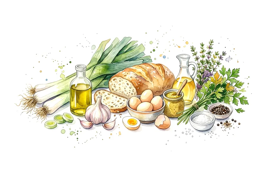 Les ingrédients de Poireaux confits et œufs mimosa revisités, à l'aquarelle