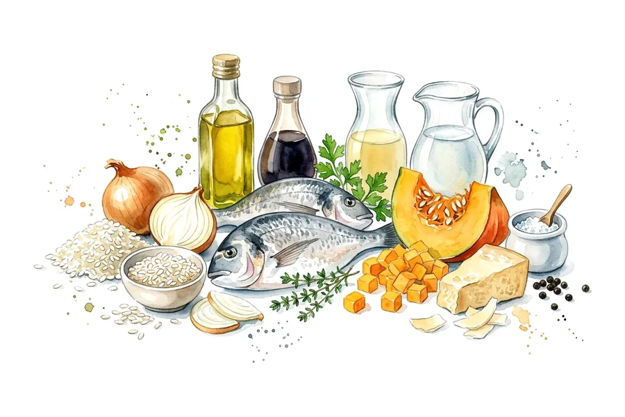 Les ingrédients de Filet de daurade croustillant et risotto crémeux de potiron, à l'aquarelle