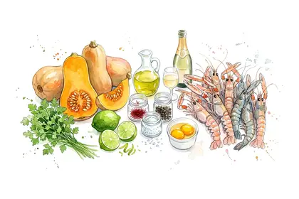 Langoustines saisies au citron vert et coriandre, courge butternut au safran et sabayon au champagne