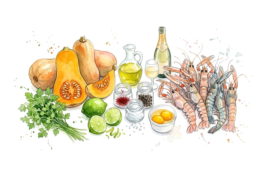 Les ingrédients de Langoustines saisies au citron vert et coriandre, courge butternut au safran et sabayon au champagne, à l'aquarelle