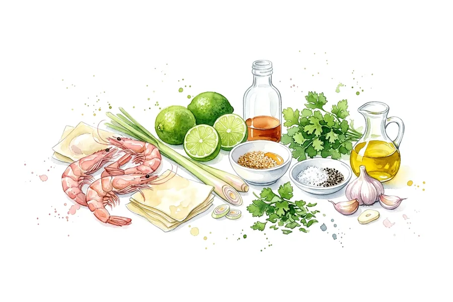 Les ingrédients de Ravioles de gambas et citron vert, bouillon asiatique, à l'aquarelle