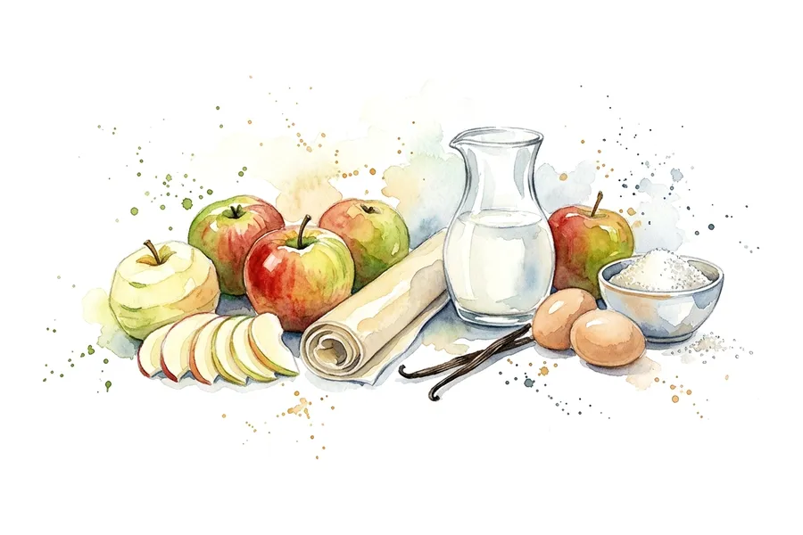 Les ingrédients de Tarte tiède aux pommes et crème chantilly maison, à l'aquarelle