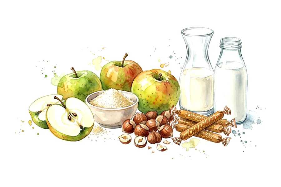 Les ingrédients de Reines des reinettes caramélisées aux noisettes, espuma Carambar, à l'aquarelle
