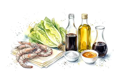 Croustillant de gambas au soja et au miel, sucrine marinée au caramel de balsamique