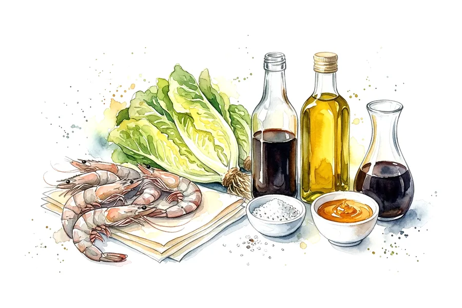 Les ingrédients de Croustillant de gambas au soja et au miel, sucrine marinée au caramel de balsamique, à l'aquarelle