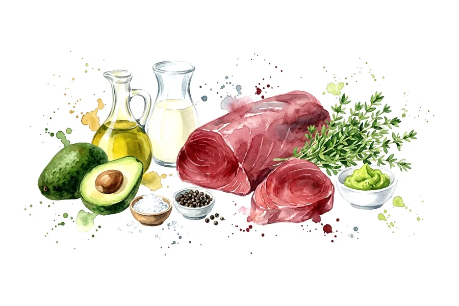 Les ingrédients de Tataki de thon rouge au thym citron, espuma d'avocat au wasabi, à l'aquarelle
