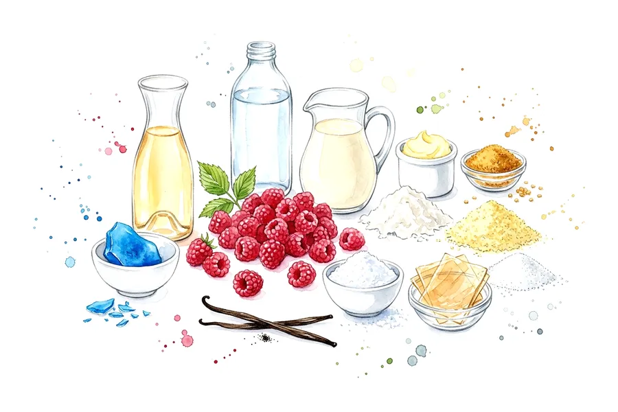 Les ingrédients de Blue lagoon : Poêlée de framboises, fine gelée de curaçao bleu, espuma de Champagne rosé, à l'aquarelle