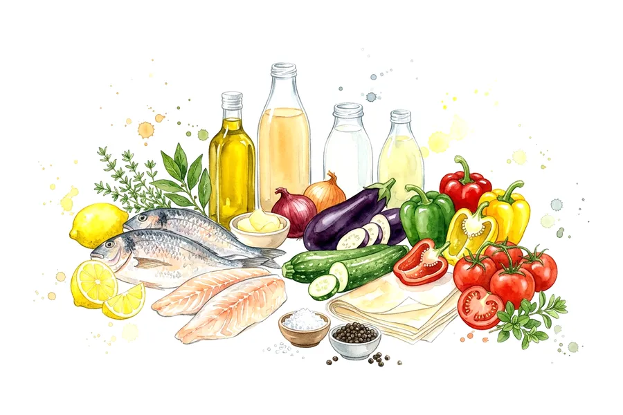 Les ingrédients de Filet de daurade royale à la vapeur de citron, aumônière croustillante de petits légumes à la marjolaine, à l'aquarelle
