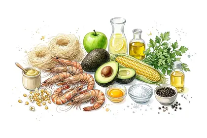 Gambas en kadaïf croustillantes, piémontaise d'avocats et pop corn