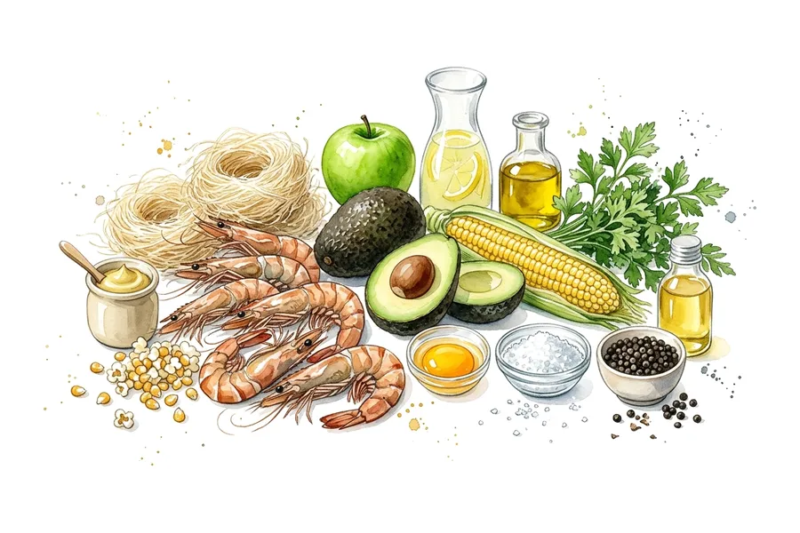 Les ingrédients de Gambas en kadaïf croustillantes, piémontaise d'avocats et pop corn, à l'aquarelle
