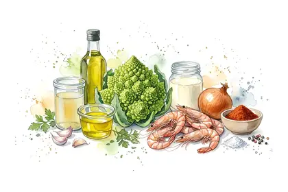 Mousse de Romanesco, gambas sautées au piment d'Espelette