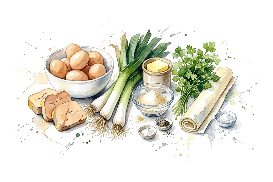 Les ingrédients de Oeufs cocottes fondue de poireaux et foie gras, à l'aquarelle