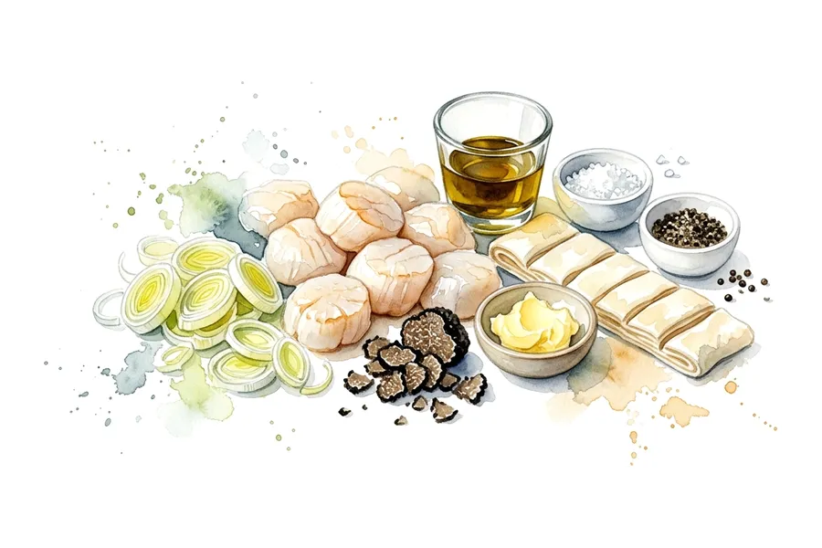 Les ingrédients de Noix de Saint-Jacques en coque lutée parfumée à la truffe, fondue de blancs de poireaux, à l'aquarelle