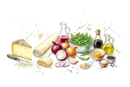 Feuilleté au cantal et confit d'oignons, lit de salade en vinaigrette de framboises