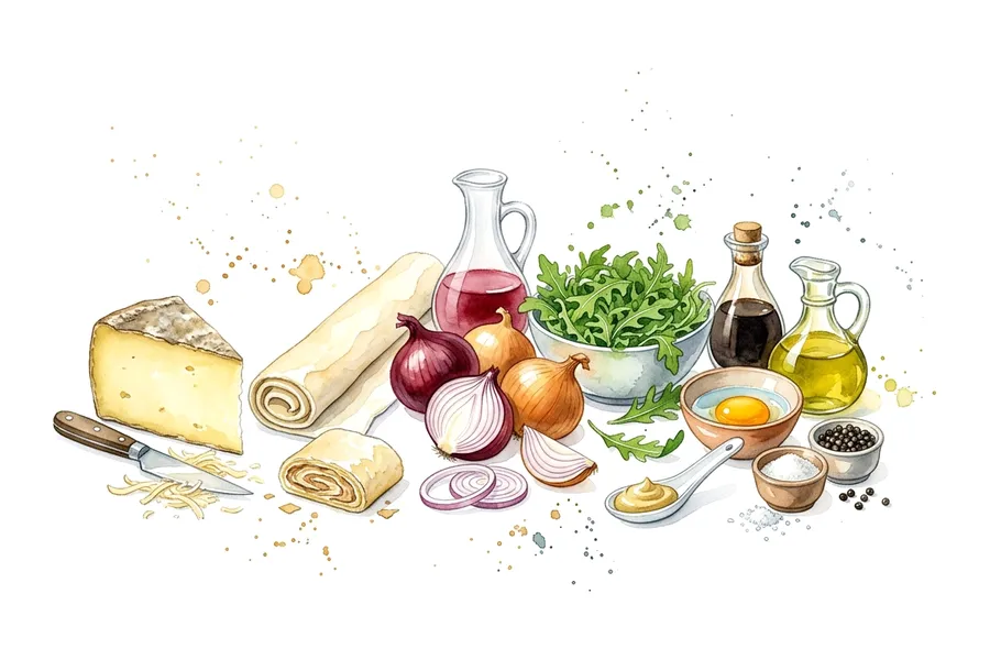 Les ingrédients de Feuilleté au cantal et confit d'oignons, lit de salade en vinaigrette de framboises, à l'aquarelle
