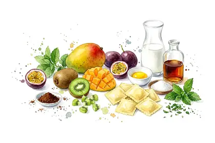 Raviole de fruits exotiques, émulsion de rhum brun