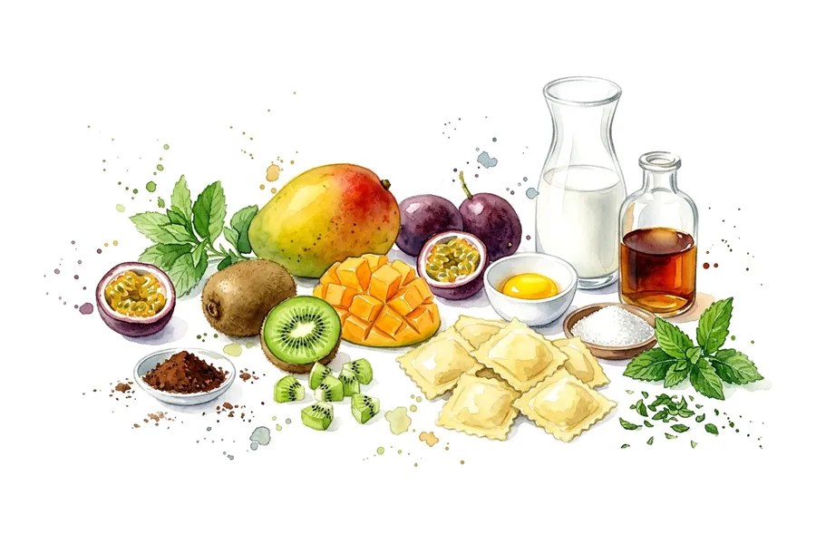 Les ingrédients de Raviole de fruits exotiques, émulsion de rhum brun, à l'aquarelle