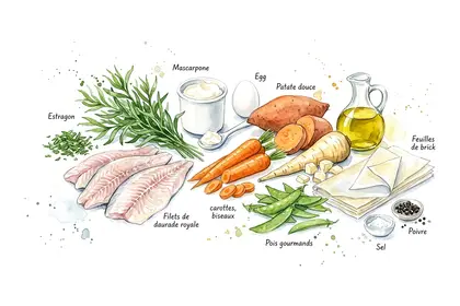 Filet de daurade royale en vapeur d'estragon, croustillant de petits légumes de saison
