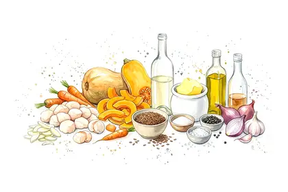 Noix de Saint jacques poelées, courge butternut aux graines de lin et légumes de saison en pickles