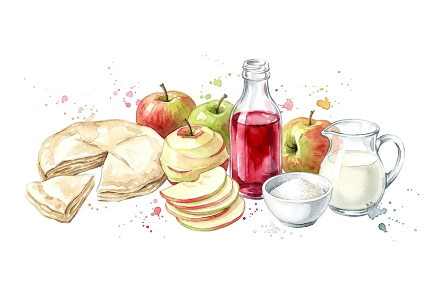 Les ingrédients de Tatin gourmande façon pommes d'amour, à l'aquarelle