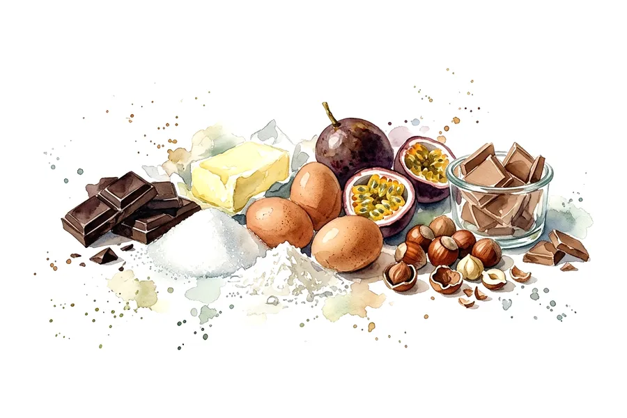 Les ingrédients de Moelleux au chocolat noir, cœur coulant à la noisette et fruits de la passion, à l'aquarelle
