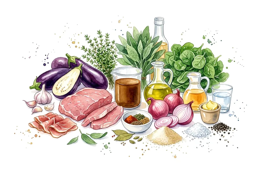 Les ingrédients de Saltimbocca de veau aux aubergines confites, pickles d'oignons roses et jus perlé, à l'aquarelle
