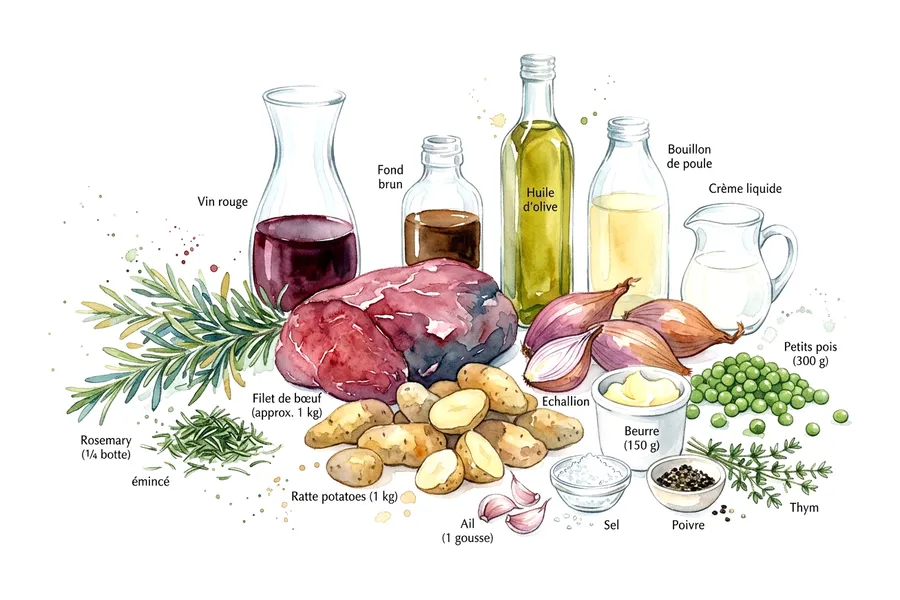Les ingrédients de Filet de bœuf grillé au romarin, pommes de terre ratte confites et mousseline de petit pois, à l'aquarelle