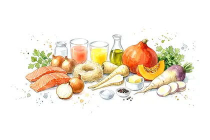Saumon croustillant en kadaïf et compotée d'oignons, légumes d'automne glacés au jus d'agrumes