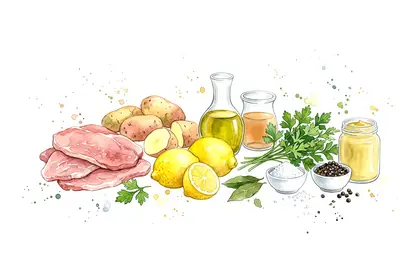 Petits rouleaux de veau a la moutarde et au persil, pomme de terre écrasée au citron confit