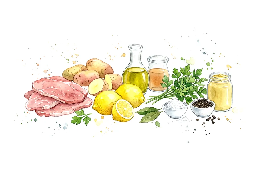 Les ingrédients de Petits rouleaux de veau a la moutarde et au persil, pomme de terre écrasée au citron confit, à l'aquarelle