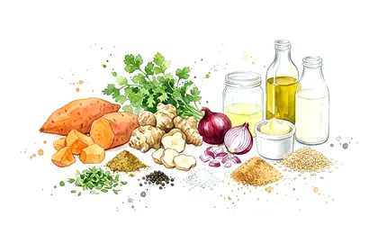 Duo de patate douce et topinambour, tuiles croustillantes aux graines de sésame
