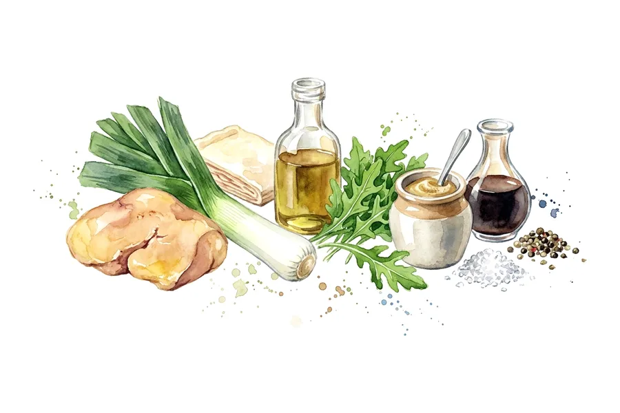 Les ingrédients de Petite tarte aux poireaux fondants et foie gras poêlé, mesclun à l'huile de noix, à l'aquarelle