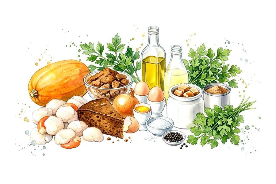 Les ingrédients de Noix de Saint-Jacques panées au pain d'épices, courge spaghetti et écume de beurre noisette, à l'aquarelle