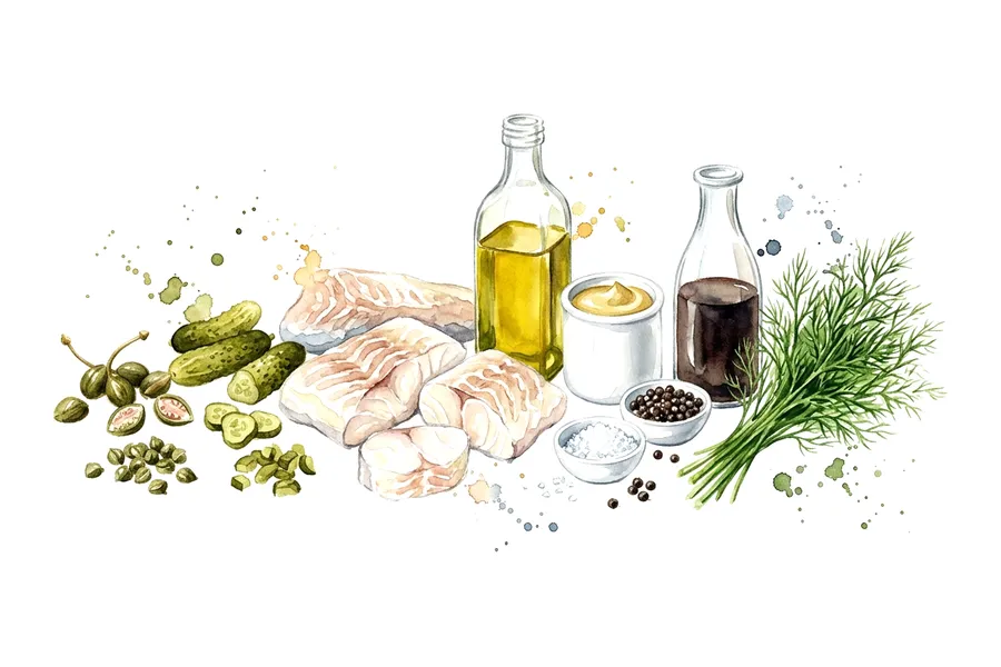 Les ingrédients de Carpaccio en vapeur de cabillaud, émulsion aux condiments et huile d'olive vierge, à l'aquarelle