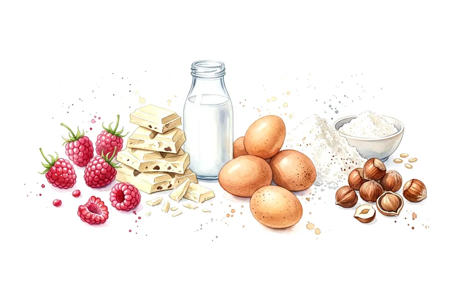 Les ingrédients de Verrine onctueuse au chocolat blanc et à la framboise, à l'aquarelle