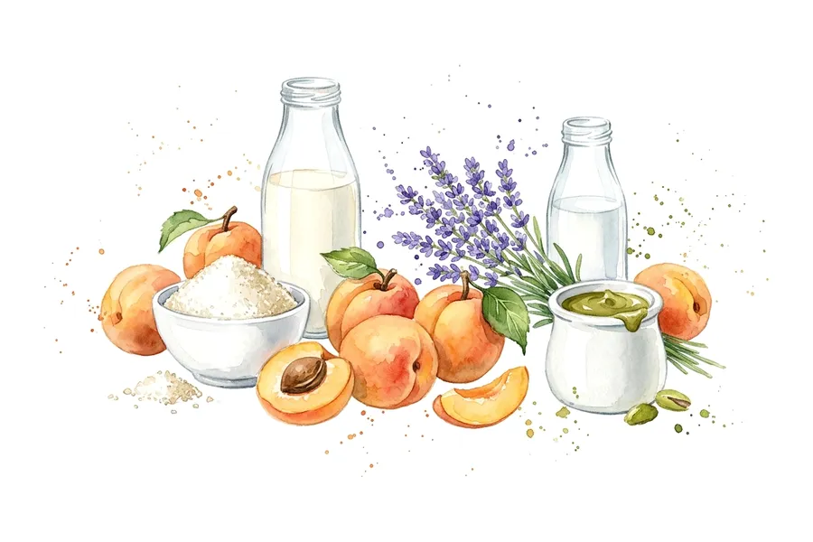 Les ingrédients de Abricots caramélisés à la lavande, espuma pistache, à l'aquarelle