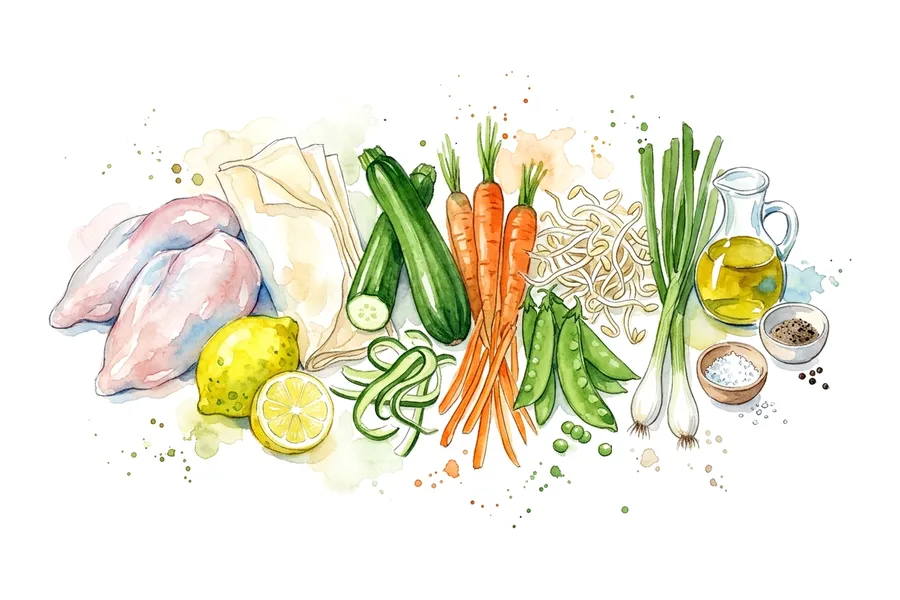 Les ingrédients de Ballotine de volaille en vapeur de citron, rouleaux croustillants de petits légumes, à l'aquarelle