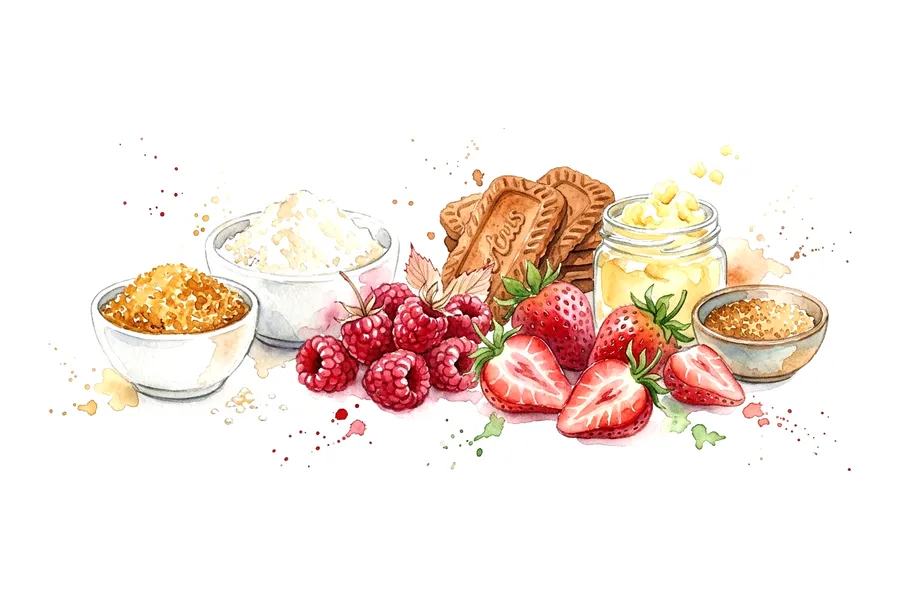 Les ingrédients de Crumble de fruits rouges caramélisés et spéculoos, à l'aquarelle