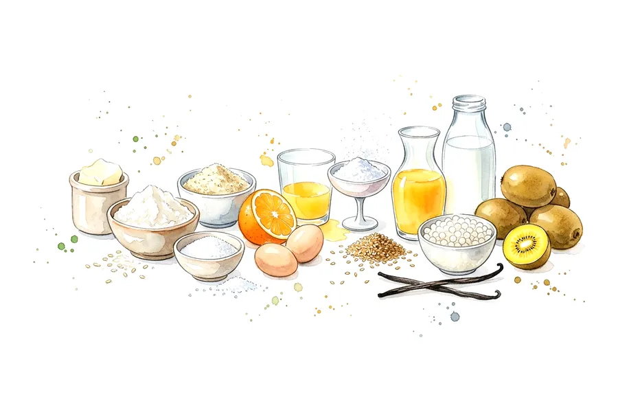Les ingrédients de Tartelette de perles du japon à la vanille, tuile d'orange et tartare de kiwi sucré, à l'aquarelle