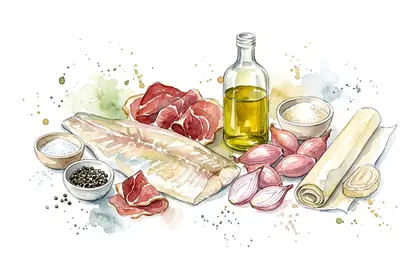 Pave de lieu jaune en robe de jambon de pays, tarte tatin aux échalotes confites