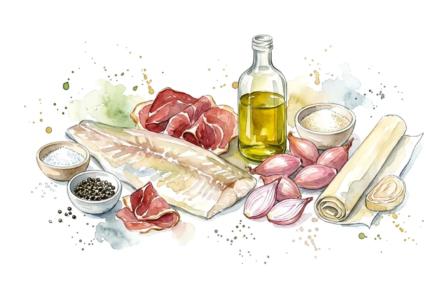 Les ingrédients de Pave de lieu jaune en robe de jambon de pays, tarte tatin aux échalotes confites, à l'aquarelle