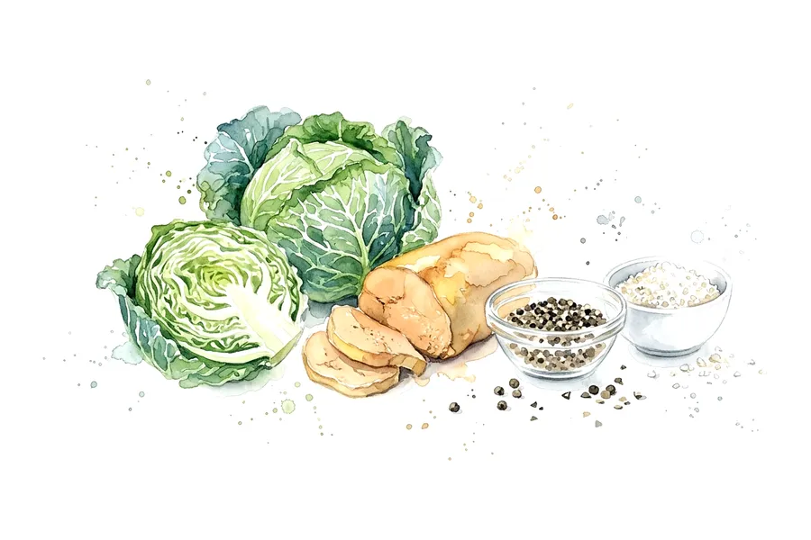 Les ingrédients de Papillote de foie gras de canard et chou vert vapeur, poivre mignonette et sel de Guérande, à l'aquarelle