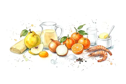 Ravioles de gambas aux coings, bouillon de clémentines