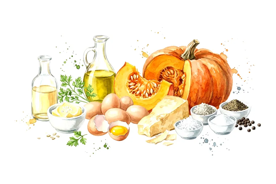 Les ingrédients de Œuf de poule poché, potiron au beurre demi-sel et tuile de parmesan, à l'aquarelle